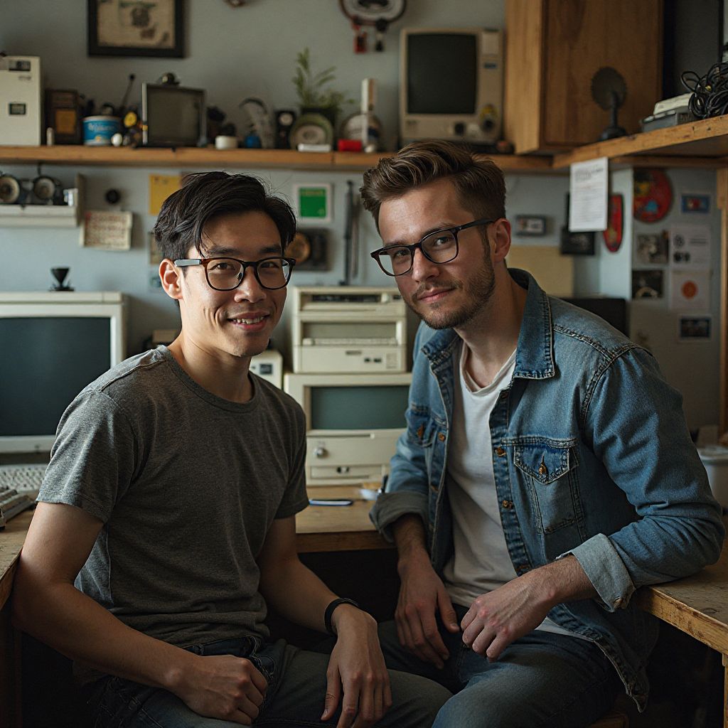 Tech Solutions founders in their first small repair shop