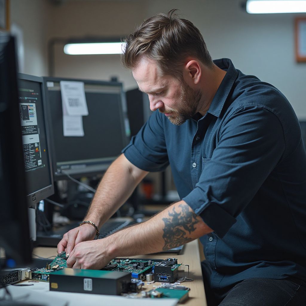 Technician repairing computer components